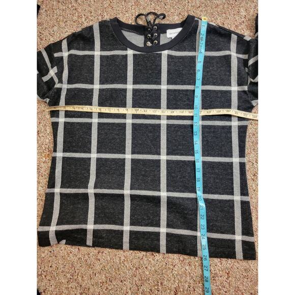 Liz Claiborne Plaid Pullover Top Lace back Long Sleeve Black/Gray Sz Large - Picture 3 of 7